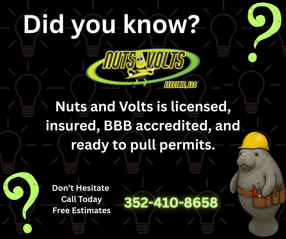 Business advertisement for Nuts and Volts Electric LLC featuring a cartoon manatee wearing a yellow hard hat and tool belt, with contact information and licensing details.