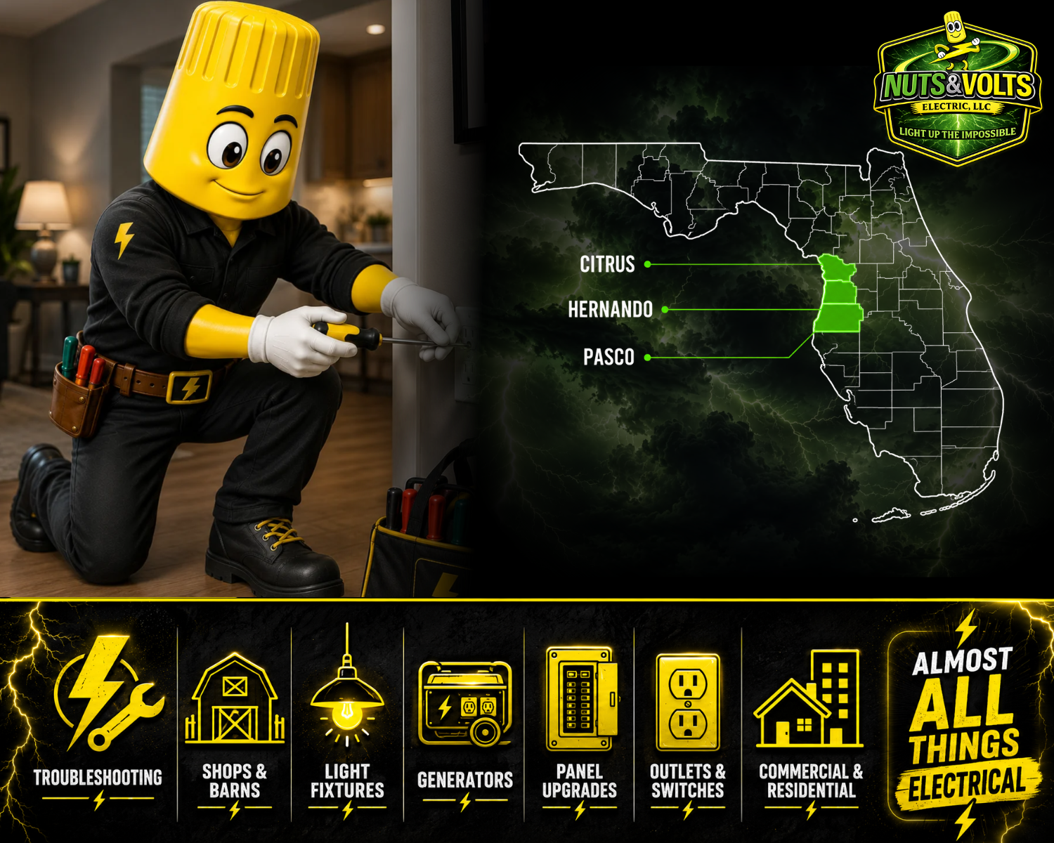 A person in a LEGO head costume and work clothes kneeling and working on an electrical panel, with a map of Florida highlighting Citrus, Hernando, and Pasco counties, and a banner that reads "Almost All Things Electrical" with icons depicting electrical troubleshooting, shops and barns, light fixtures, generators, panel upgrades, outlets and switches, and commercial and residential electrical work.