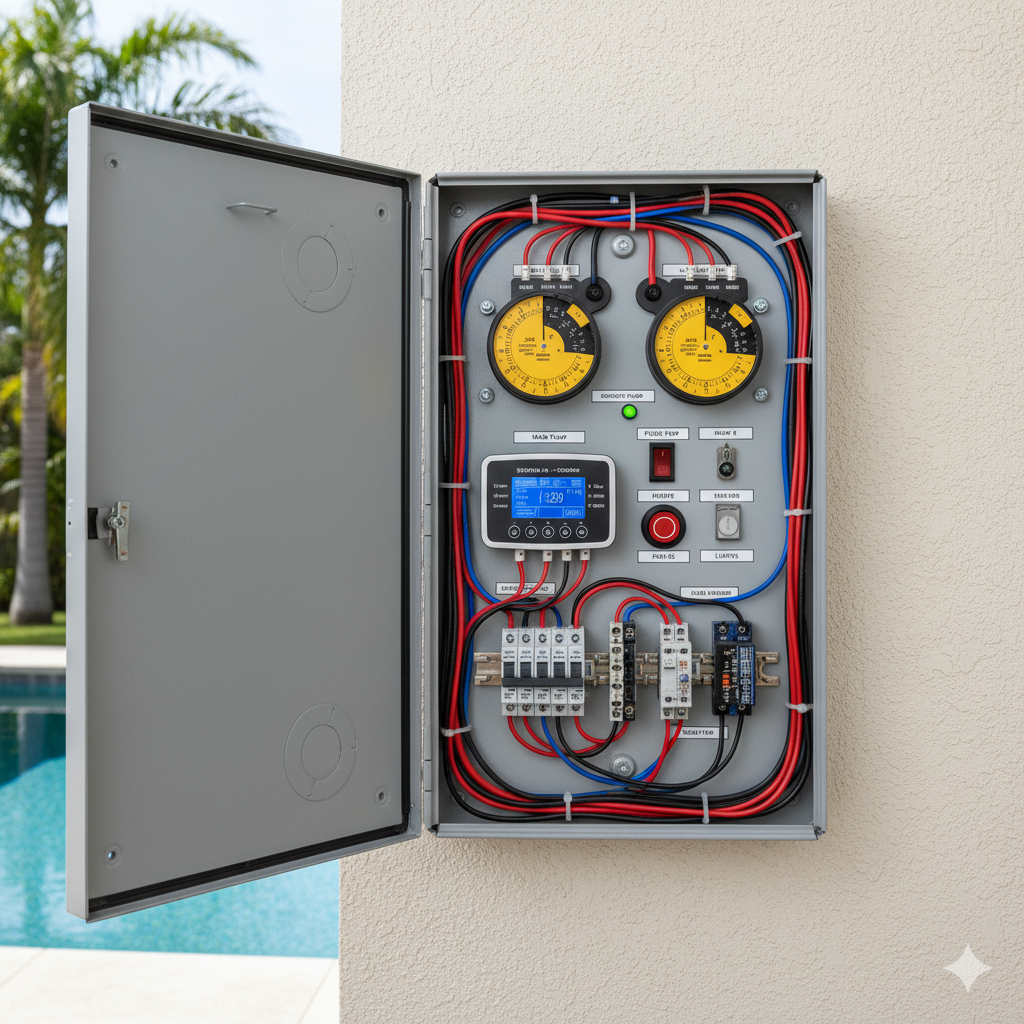 An electrical control panel with various meters, switches, and wiring, mounted outdoors on a beige wall.