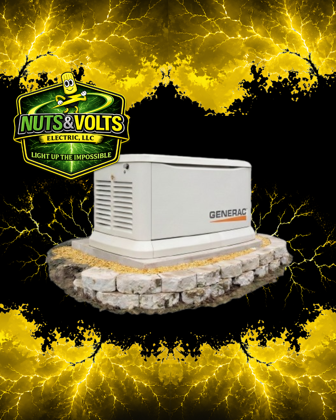 A generator on a stone platform with lightning in the background and a logo for Nuts & Volts Electric, LLC with lightning graphics.