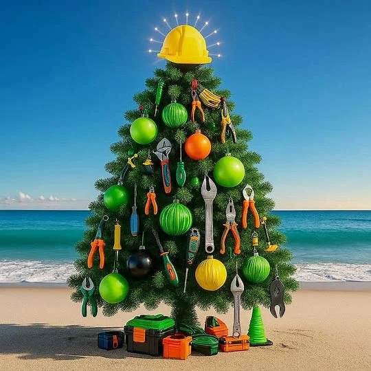A Christmas tree decorated with various tools and ornaments, topped with a yellow hard hat and a halo of lights, set on a beach with the ocean in the background.