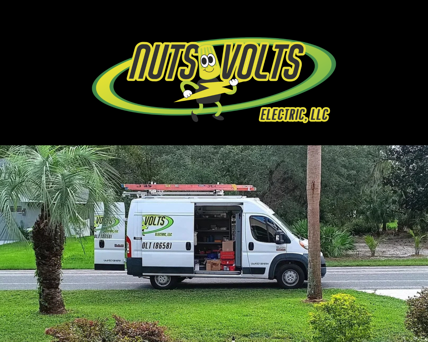 A service business van with the logo and company name 'Nuts Volt Electric LLC' parked on a road next to a landscaped area with trees, and an open side door showing tools and equipment inside.