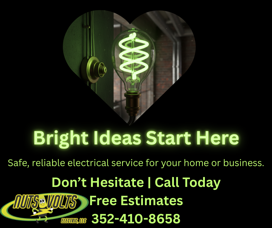 A neon green light bulb with a spiral filament inside, framed by a black heart shape, with text promoting electrical services.