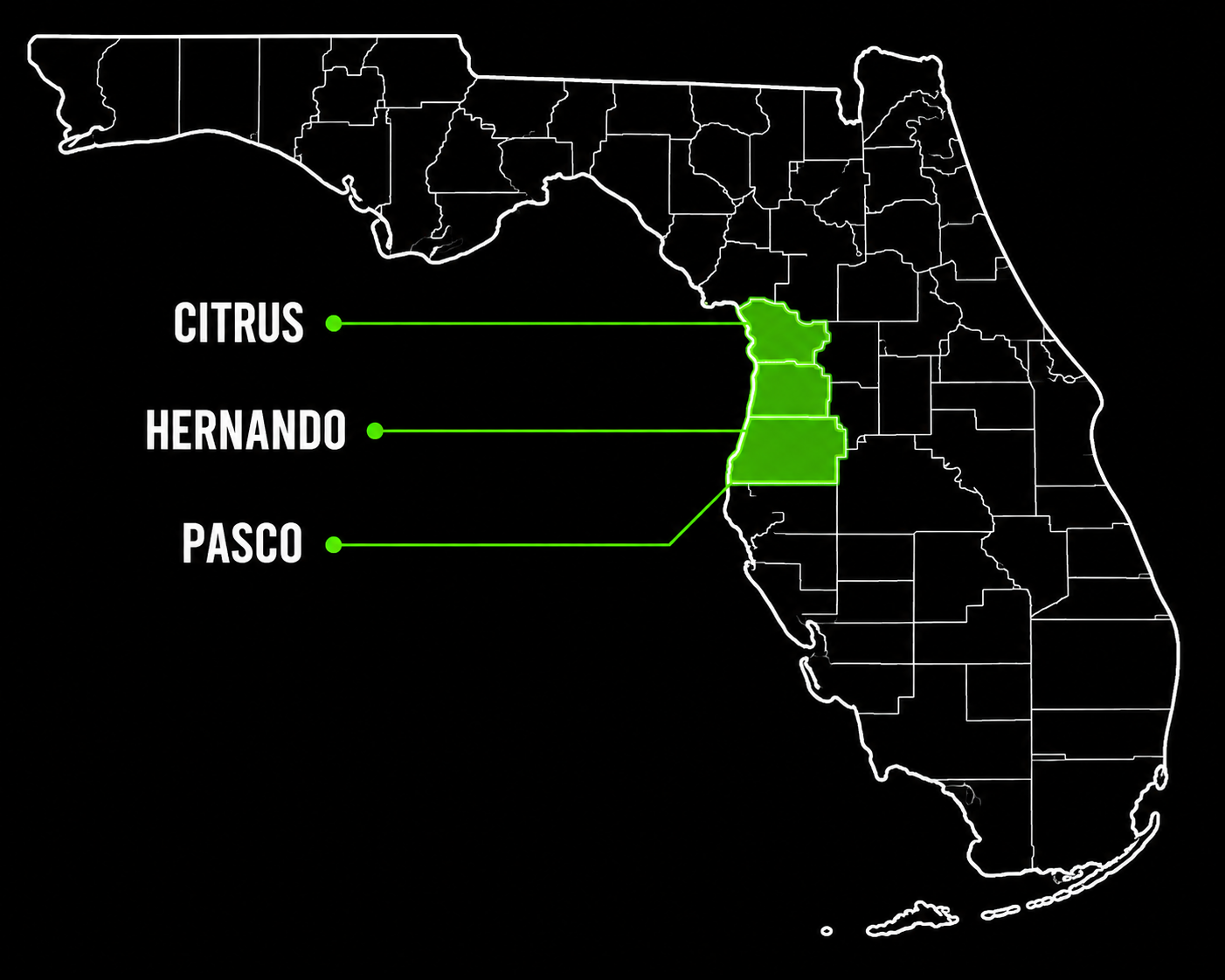 Map of Florida highlighting Citrus, Hernando, and Pasco counties in green with labels.