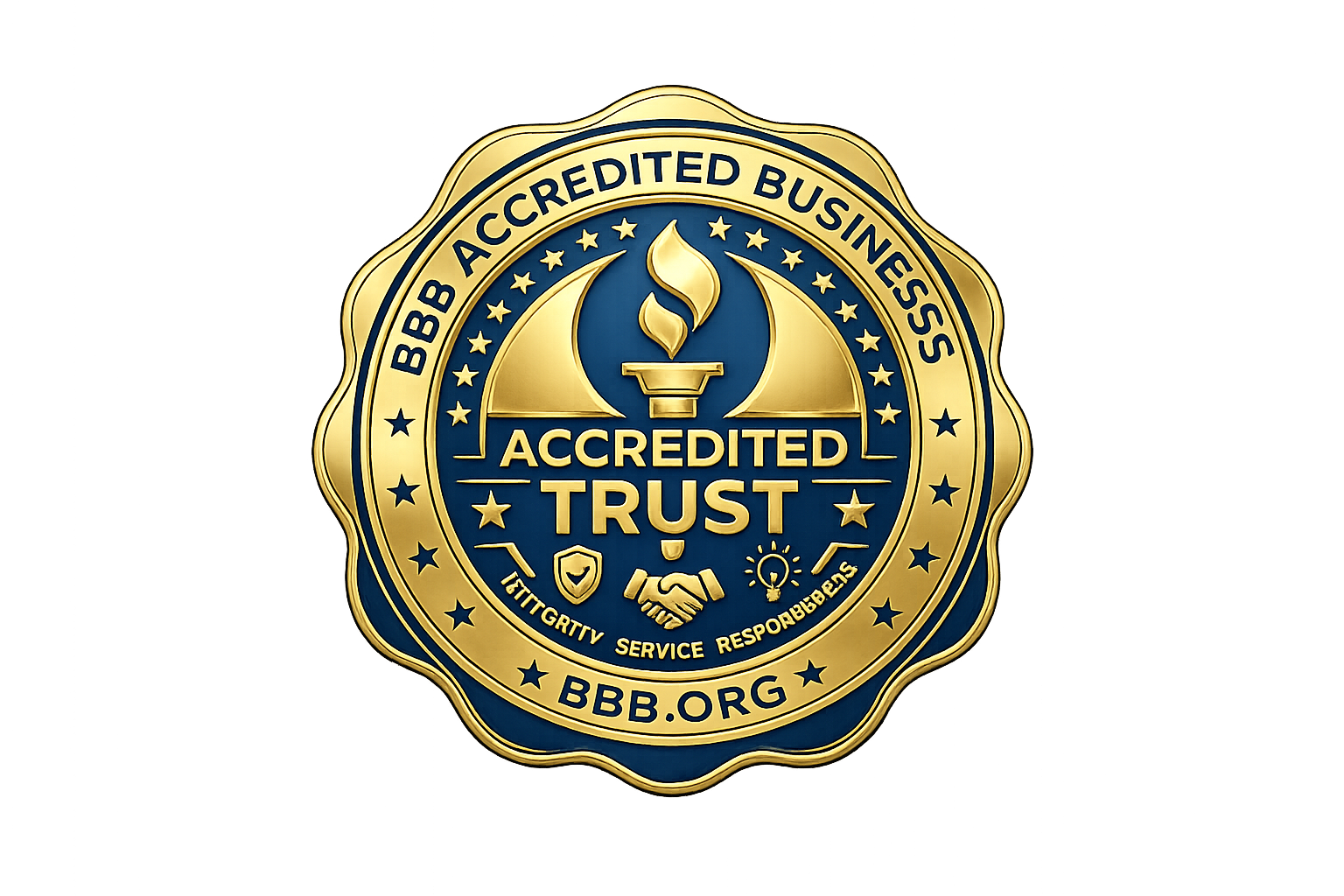 A badge with a gold border and blue background featuring the BBB accreditation logo. The badge indicates trust and accreditation from the Better Business Bureau, with the words "ACCREDITED TRUST" and the BBB website "BBB.ORG". It also includes symbols of a shield, handshake, light bulb, and flames, along with words "INTEGRITY, SERVICE, RESPONSIBILITY."