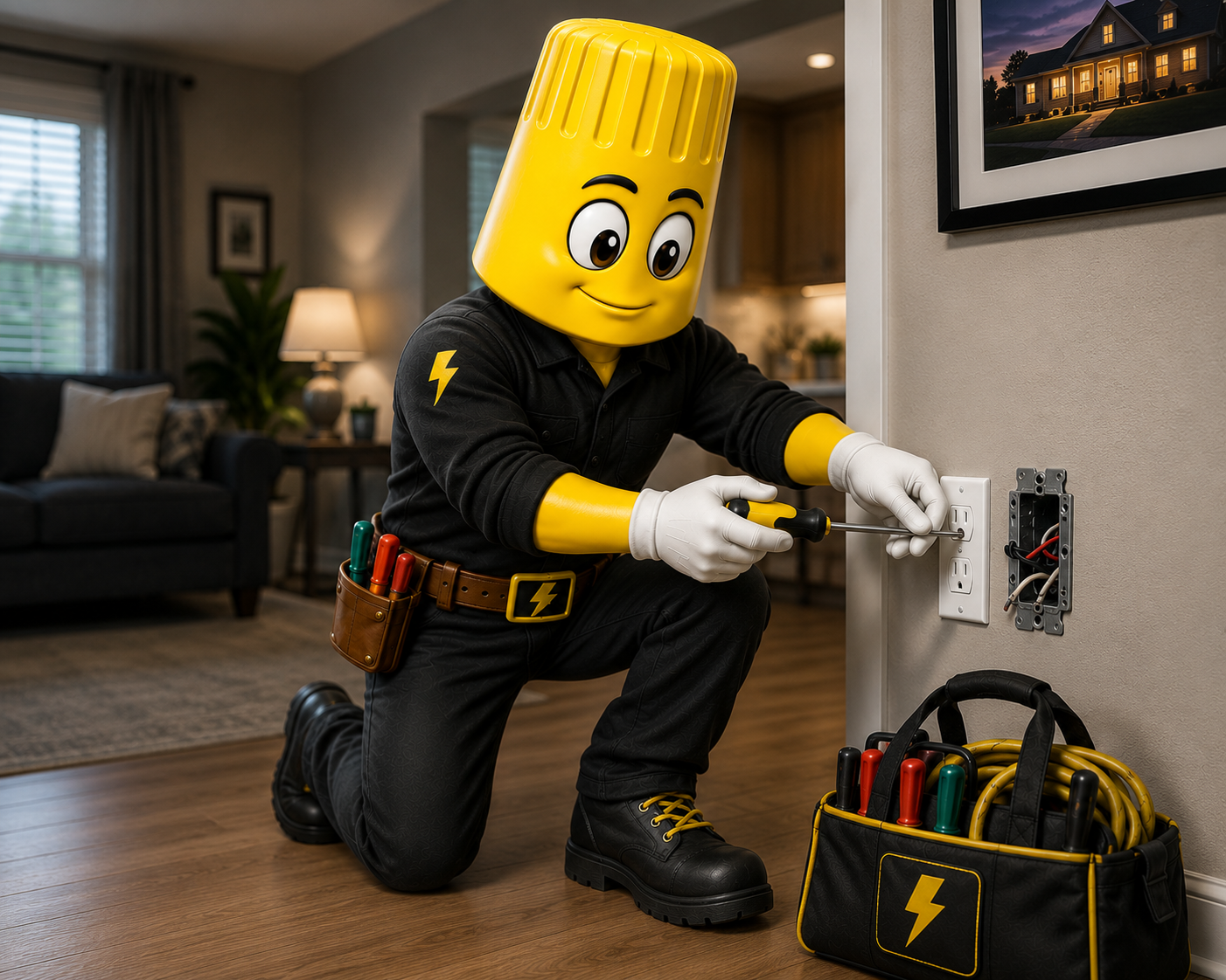A person wearing a large yellow Lego head mask and gloved hands is working on an electrical outlet in a living room, with tools and a toolbag nearby.
