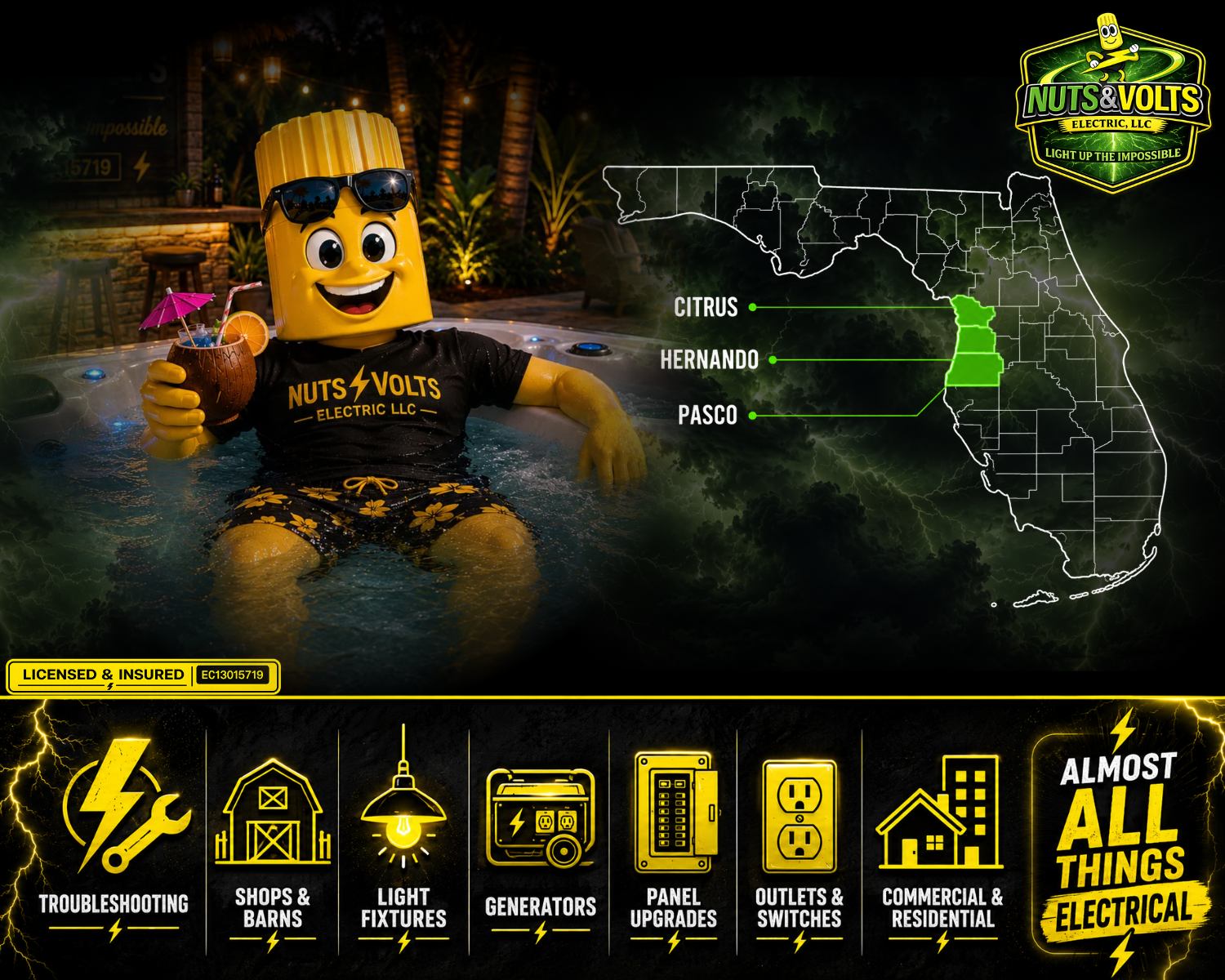 Mascot wearing sunglasses and tropical shorts relaxing in a hot tub, holding a coconut drink with an umbrella, in a tropical setting. To the right, a map of Florida highlights Citrus, Hernando, and Pasco counties, with lightning-themed graphics and electrical icons at the bottom.