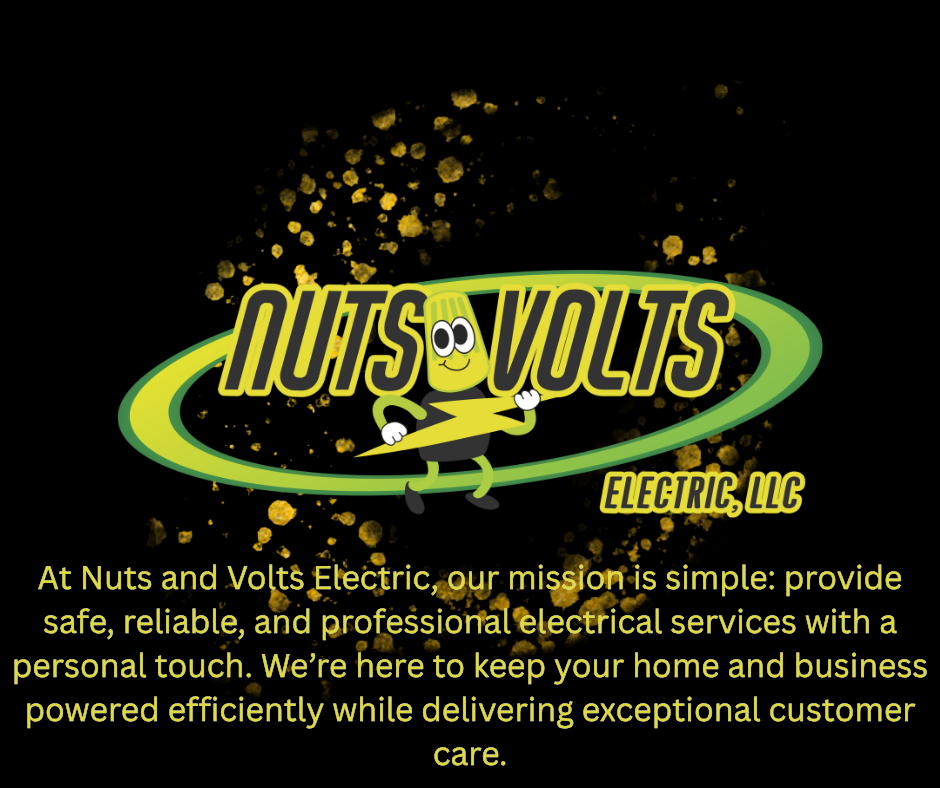 Logo for Nuts and Volts Electric, LLC featuring a cartoon nut character with a smiling face and electric bolt arms, surrounded by a green ring and yellow spark effects, with a description of their electrical services.