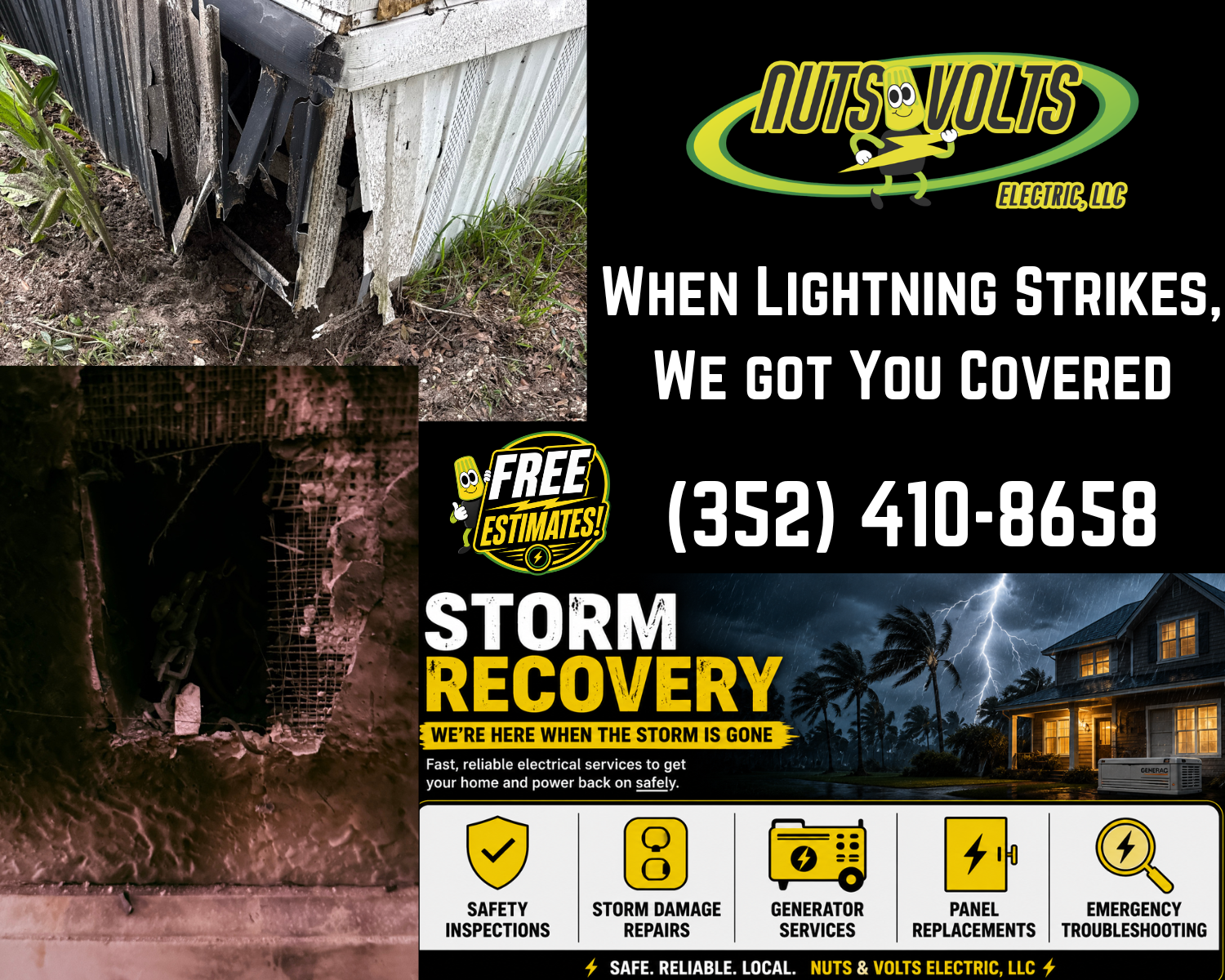 A storm-damaged house with a large hole in the side, next to an advertisement for Nutsvolls Electric, LLC, offering storm recovery and electrical services, including free estimates, safety inspections, storm damage repairs, generator services, panel replacements, and emergency troubleshooting, with a background of a stormy sky and lightning.