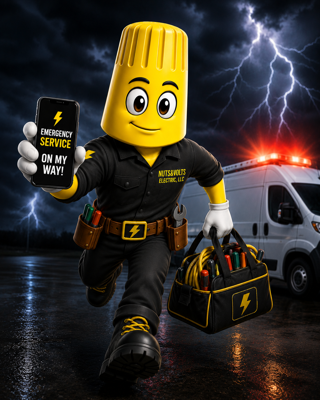 A cartoon character with a yellow, bolt-shaped head wearing a black uniform with yellow accents, holding a phone displaying 'Emergency Service on My Way!' and a black tool bag filled with electrical tools, rushing towards an emergency vehicle with flashing red lights, under a stormy sky with lightning.
