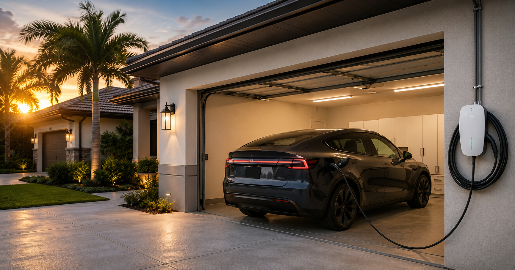 Electric car charging in a garage with a mounted charging station, in a suburban neighborhood at sunset.