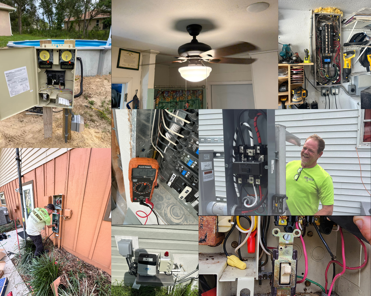 Multiple photos depicting electrical work and repair. Including an outdoor electrical panel, a ceiling fan inside a house, an electrical breaker box with tools, an outdoor connection on a house wall, a person working on an outdoor electrical unit, an electrical multimeter testing wiring, close-up of electrical wiring and panels, and a smiling man in a fluorescent green shirt working on an outdoor electrical system.