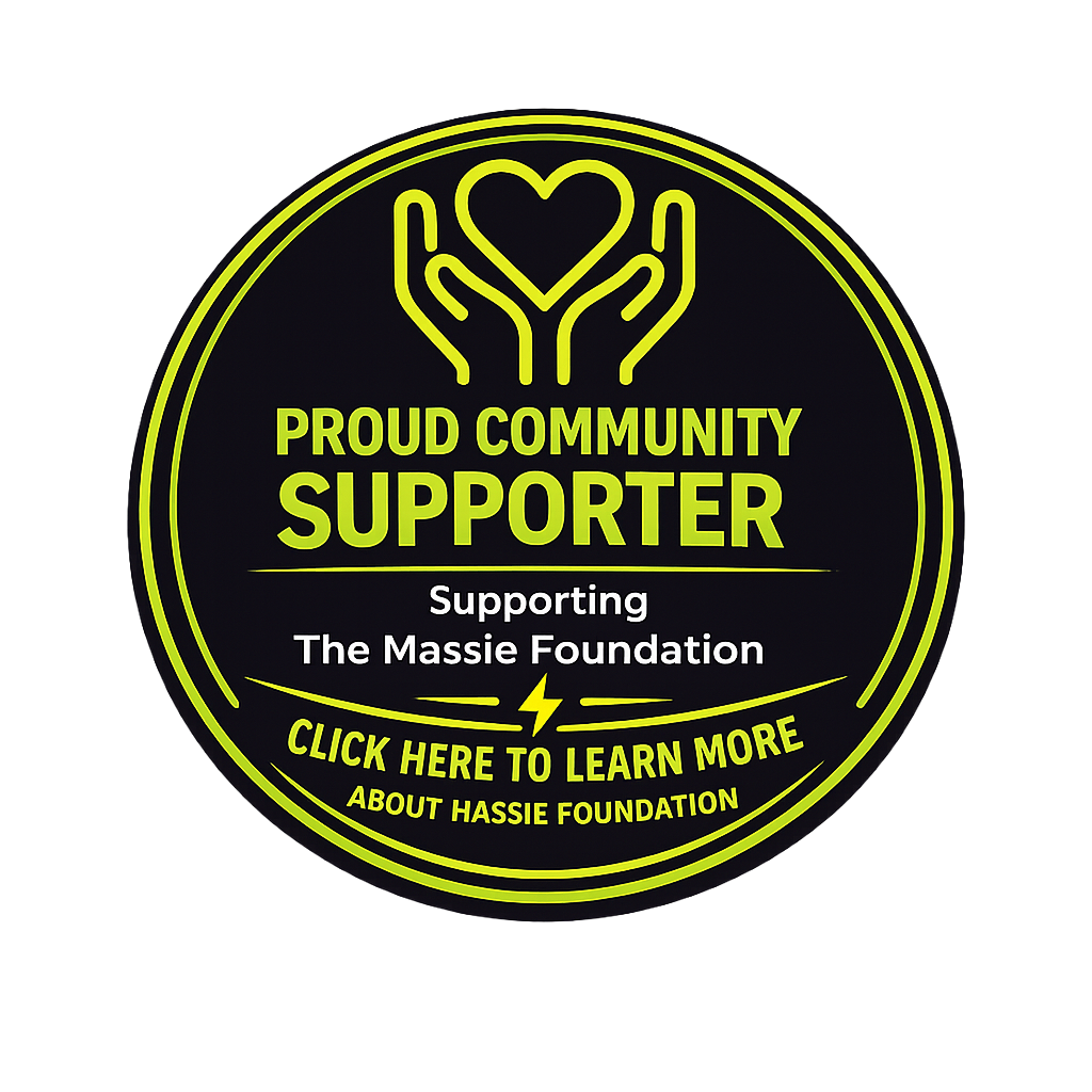 Black and yellow circular badge supporting the Massie Foundation with text and a hands holding a heart icon.