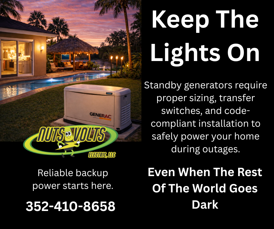 A backyard scene at sunset with a pool, palm trees, and a house with illuminated windows. On the right side, there is a black background with white text promoting backup power generators, with the slogan 'Keep The Lights On.' The logo of Nuts Volt Electric, LLC, features a cartoon light bulb with glasses, smiling, and holding a lightning bolt, along with the company's phone number 352-410-8658.