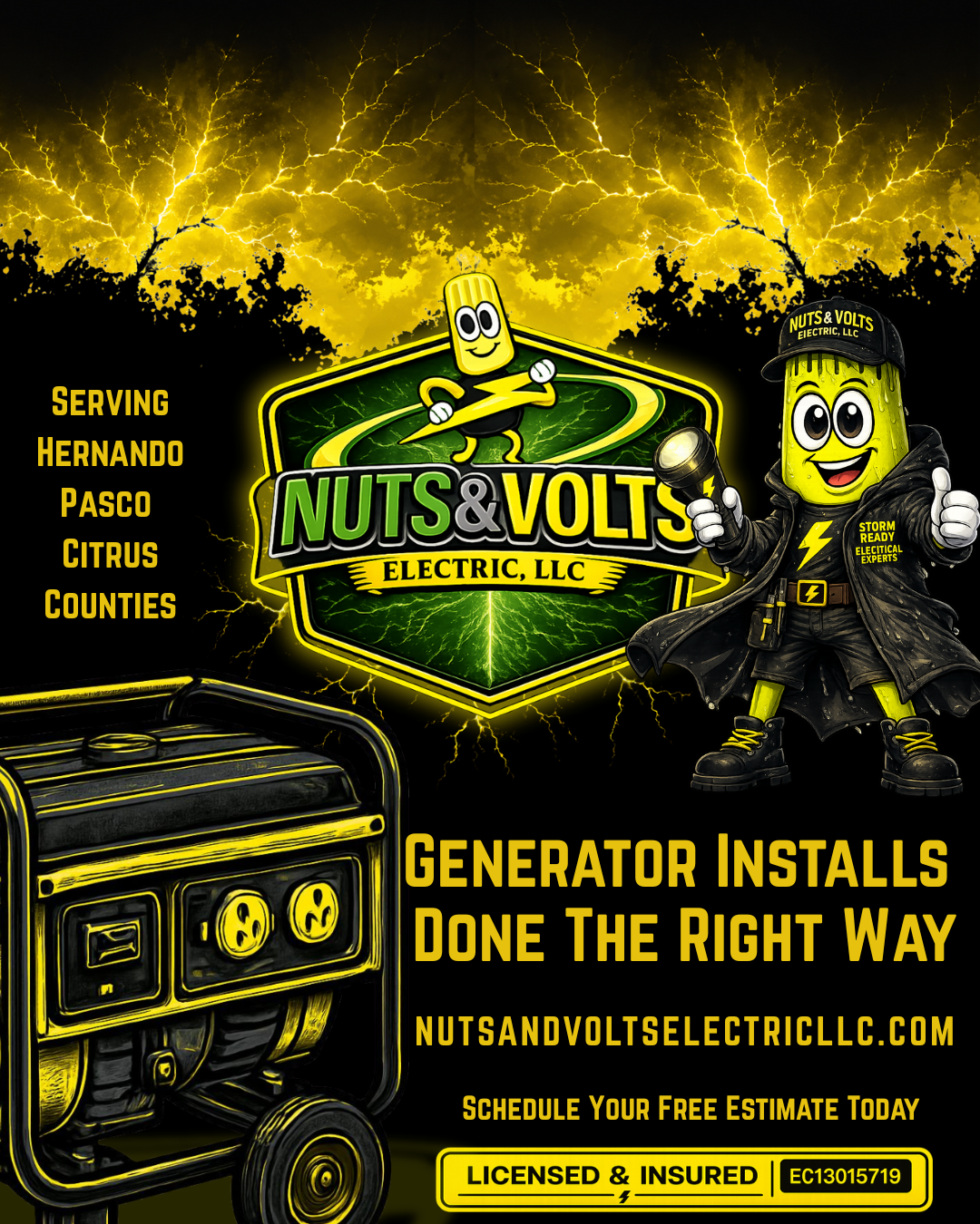Volt mascot promoting whole-home generator installation and backup power solutions.