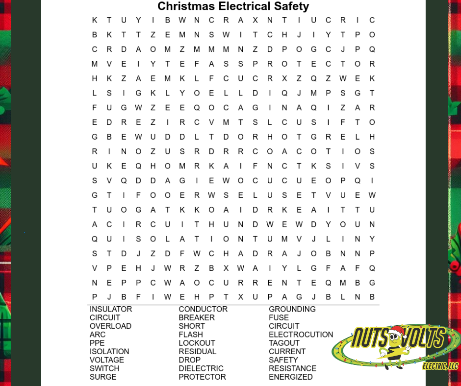 Christmas electrical safety word search puzzle with electrical safety terms and a Nuts Vaults logo at the bottom right corner.