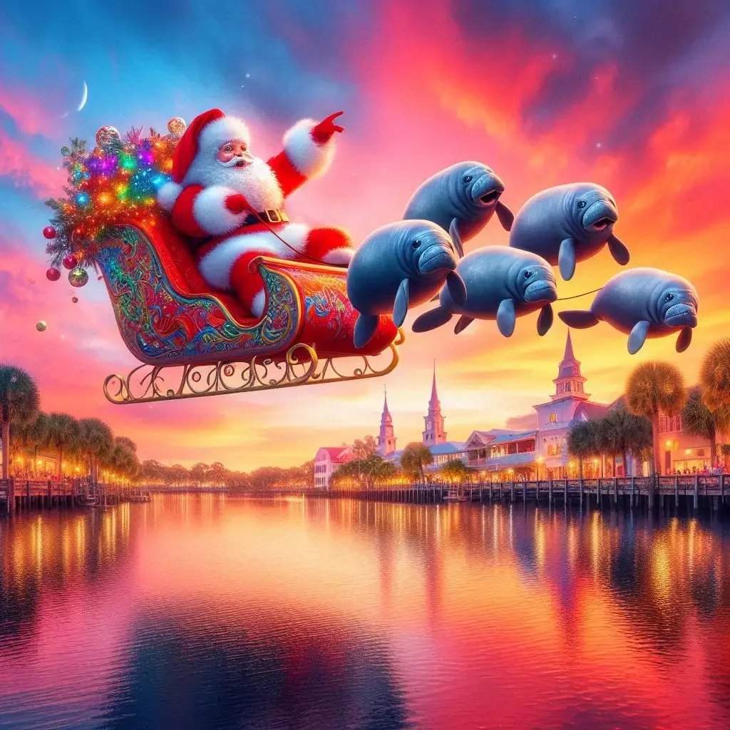 Santa Claus riding a colorful sleigh pulled by five flying manatees over a city with a river at sunset.