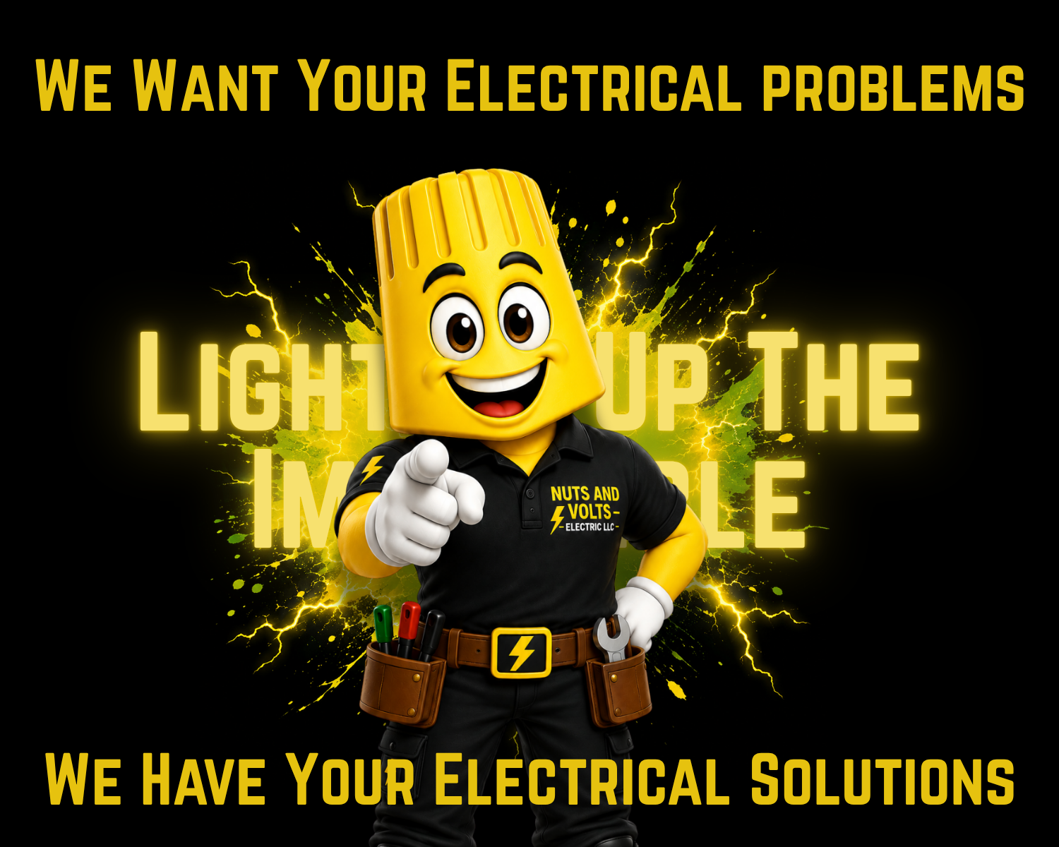 A cartoon character with a yellow LEGO head, wearing a black shirt with yellow text, standing in front of a yellow lightning bolt explosion background. The text reads, 'We want your electrical problems' at the top and 'We have your electrical solutions' at the bottom. The character is pointing forward.