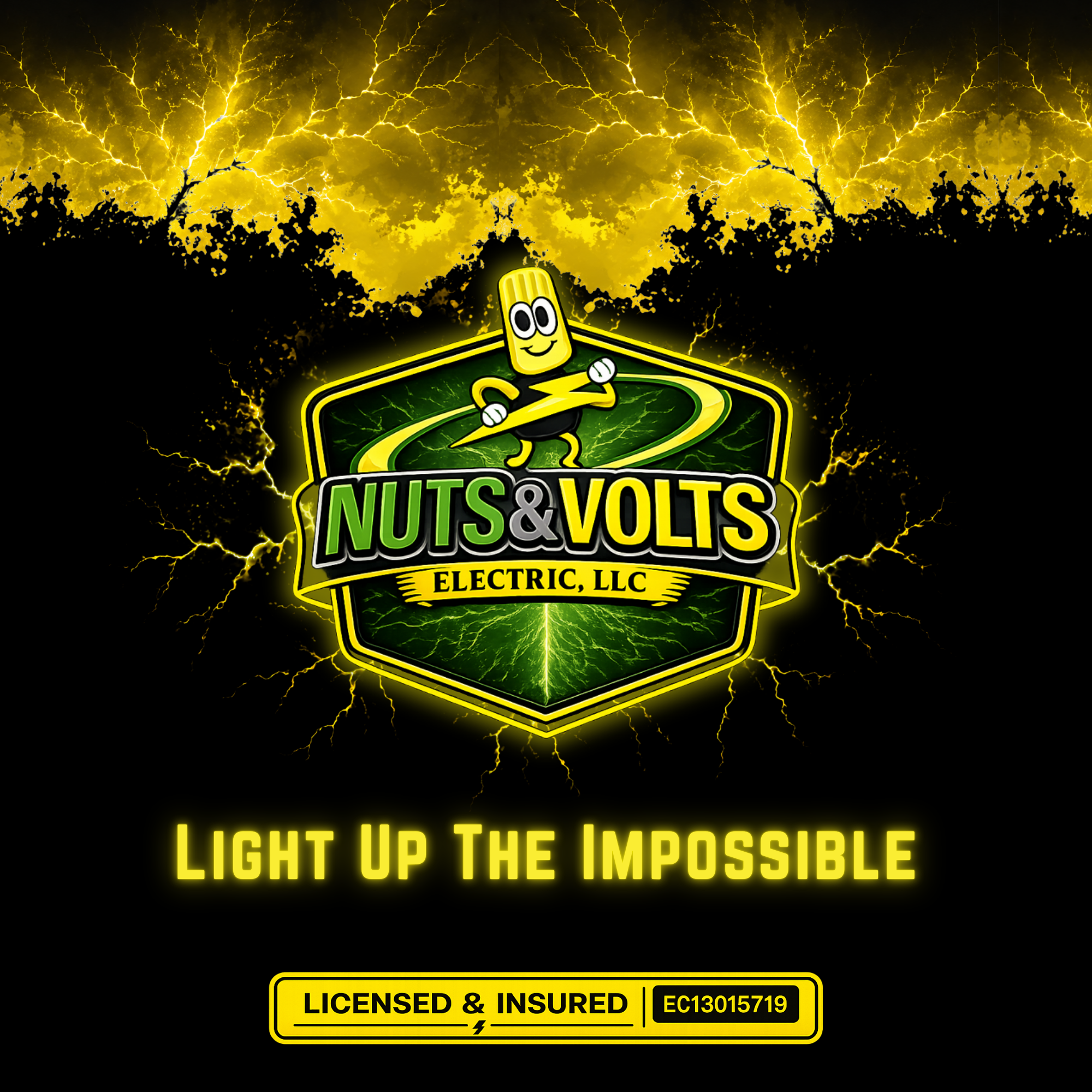 A logo for Nuts & Volt Electric, LLC featuring a cartoon character with a nut-shaped head, crossed arms, and a lightning bolt. The background depicts a storm with yellow lightning bolts and clouds. The text encourages lighting up the impossible.