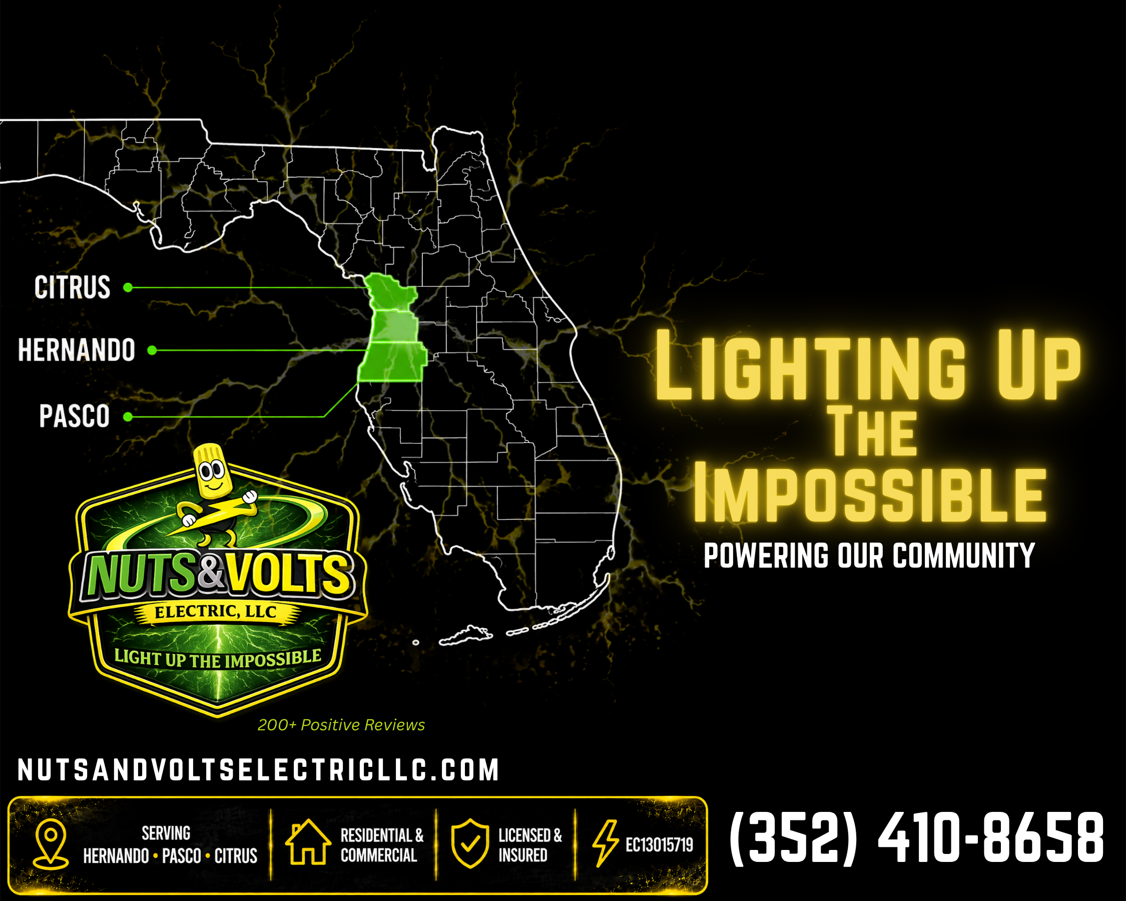 Map of Florida highlighting Hernando, Pasco, and Citrus counties with lightning graphics. Text promoting Nuts and Volts Electric LLC, a company providing electrical services in Hernando, Pasco, and Citrus counties, with contact information and a slogan to Light Up the Impossible.