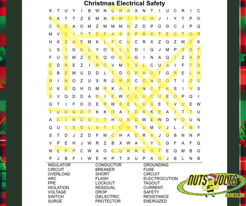 Christmas-themed electrical safety word search with words like 'CIRCUIT,' 'SWITCH,' 'PROTECTOR,' and 'CURRENT' highlighted.
