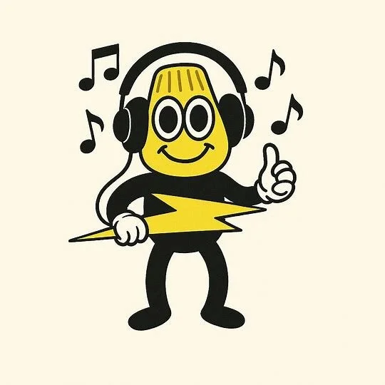A cartoon character with a yellow head, large eyes, and a smile, wearing headphones, giving a thumbs-up, and holding a lightning bolt while surrounded by musical notes.