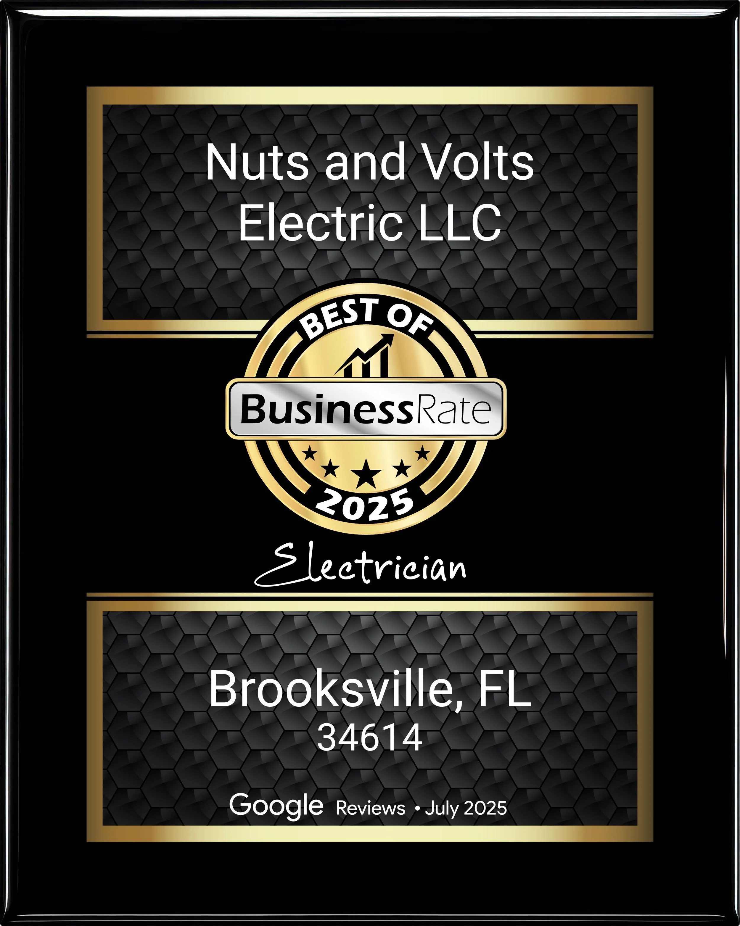 Certificate from Business Rate 2025 recognizing an electrician in Brooksville, Florida, with reviews on Google in July 2025.