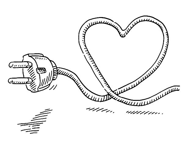 An illustration of a power plug with its cord shaped into a heart.