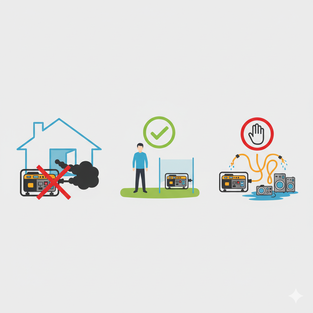 Illustration showing the proper use of a generator outdoors, avoiding indoor use, and the hazards of improper use with water and electrical shock.