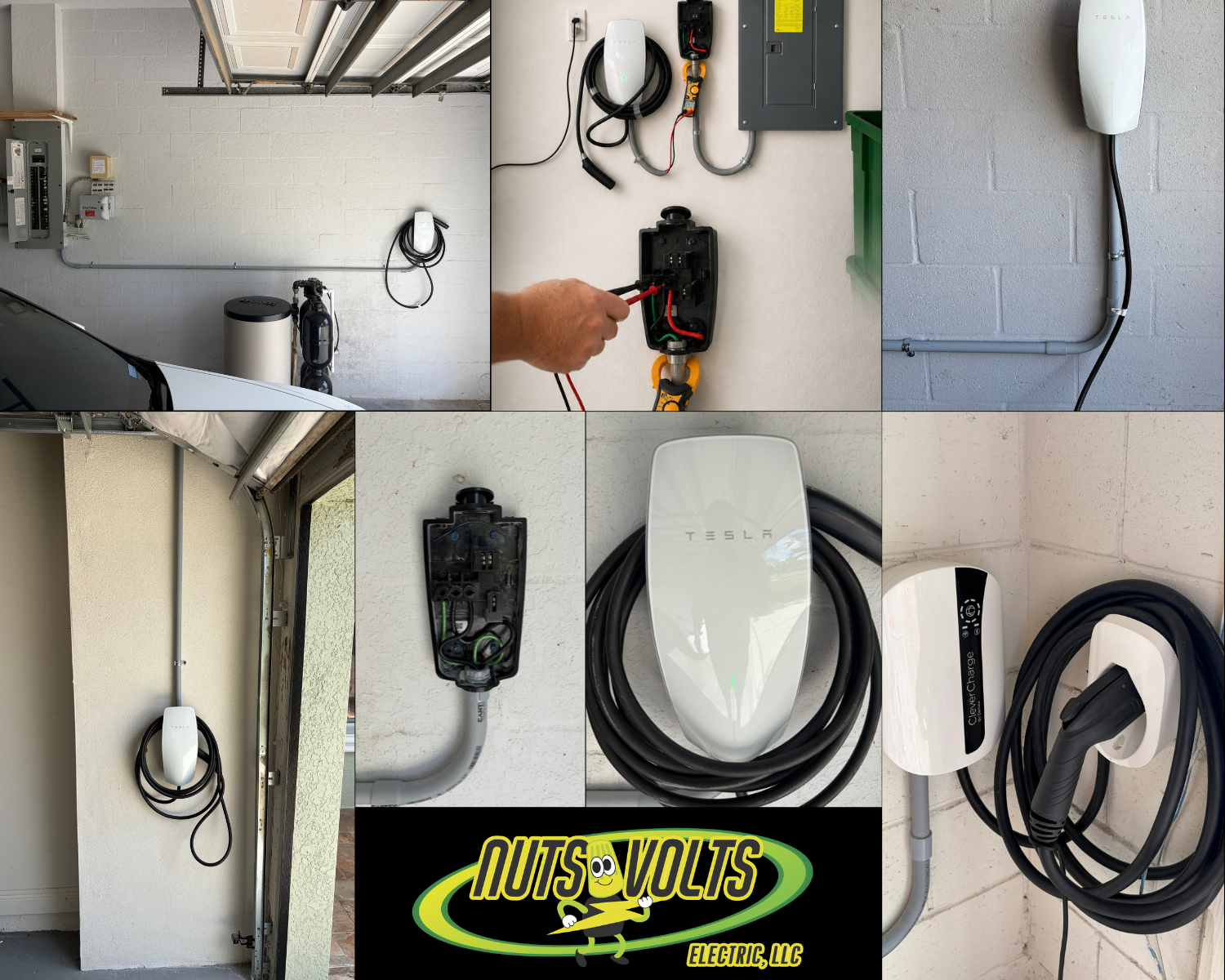 Various images of Tesla electrical vehicle charging stations and related equipment, including charging plugs, controllers, and the OutS Volt Electric LLC logo.