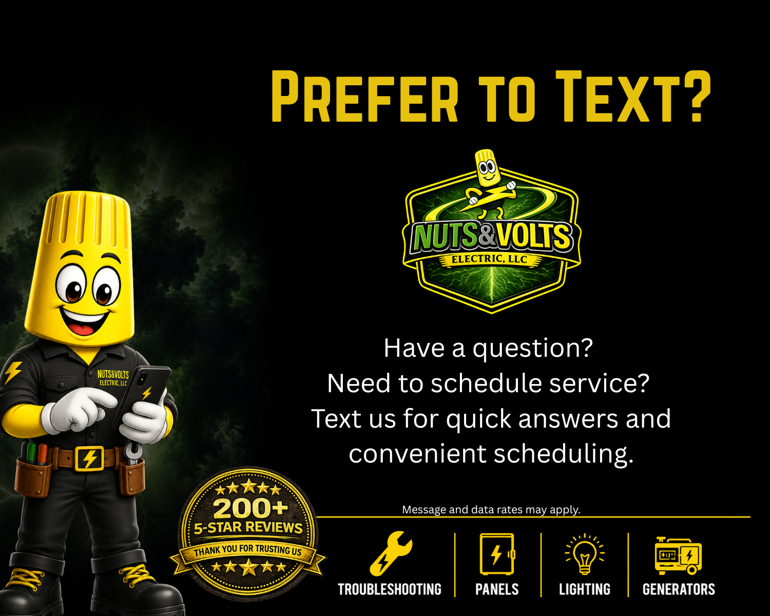 Promotional graphic for Nuts & Volt Electric LLC featuring a cartoon character with a yellow insulator head, holding a smartphone, with a lightning bolt on its uniform. Text encourages texting for quick answers and scheduling service, highlighting over 200 five-star reviews.