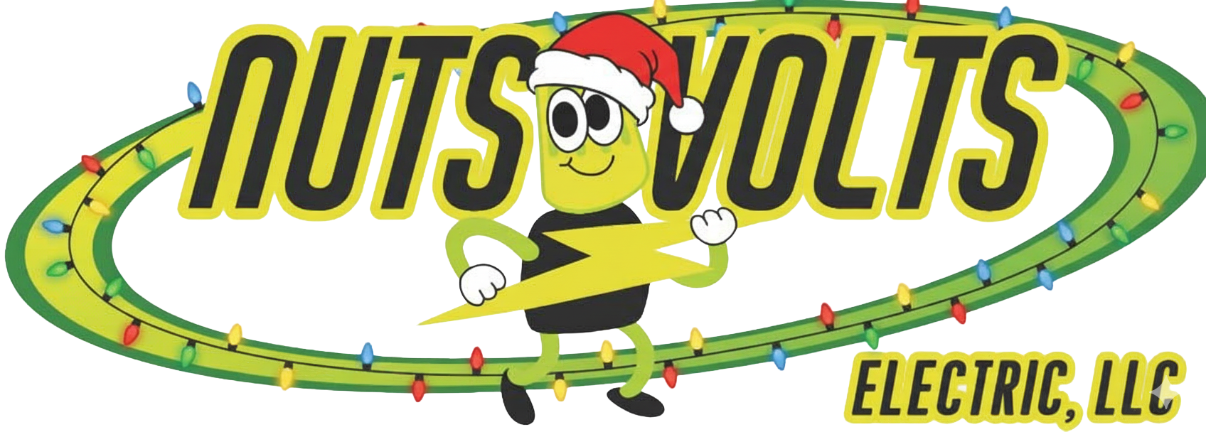 "Nuts and Volts Electric LLC logo decorated for Christmas with festive lights, and a Santa hat.