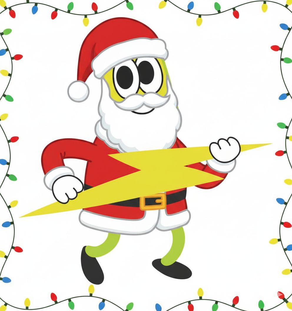 Cartoon Santa Claus holding a yellow lightning bolt, surrounded by colorful Christmas lights on a white background.