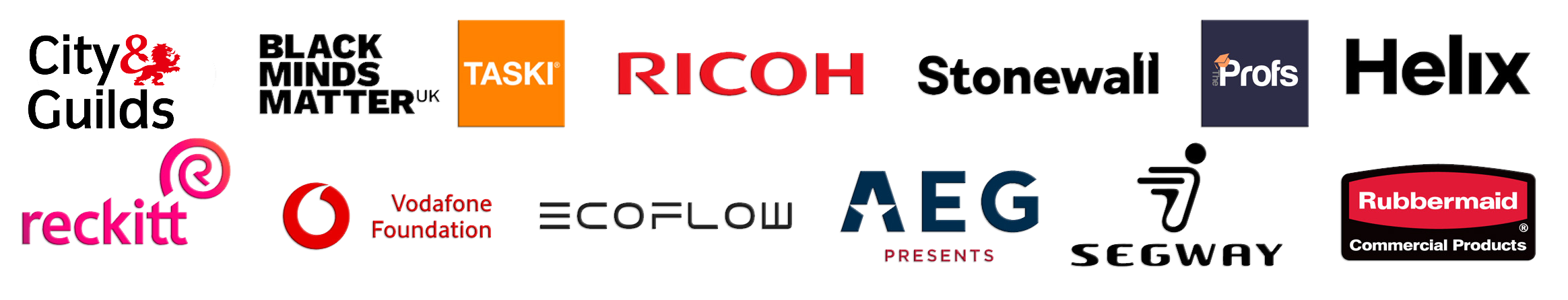 A collage of various company logos including Ricoh, Shell, City & Guilds, Black Minds Matter UK, TASKI, Profs, Helix, Reckitt, Vodafone Foundation, AEG, Segway, Rubbermaid.