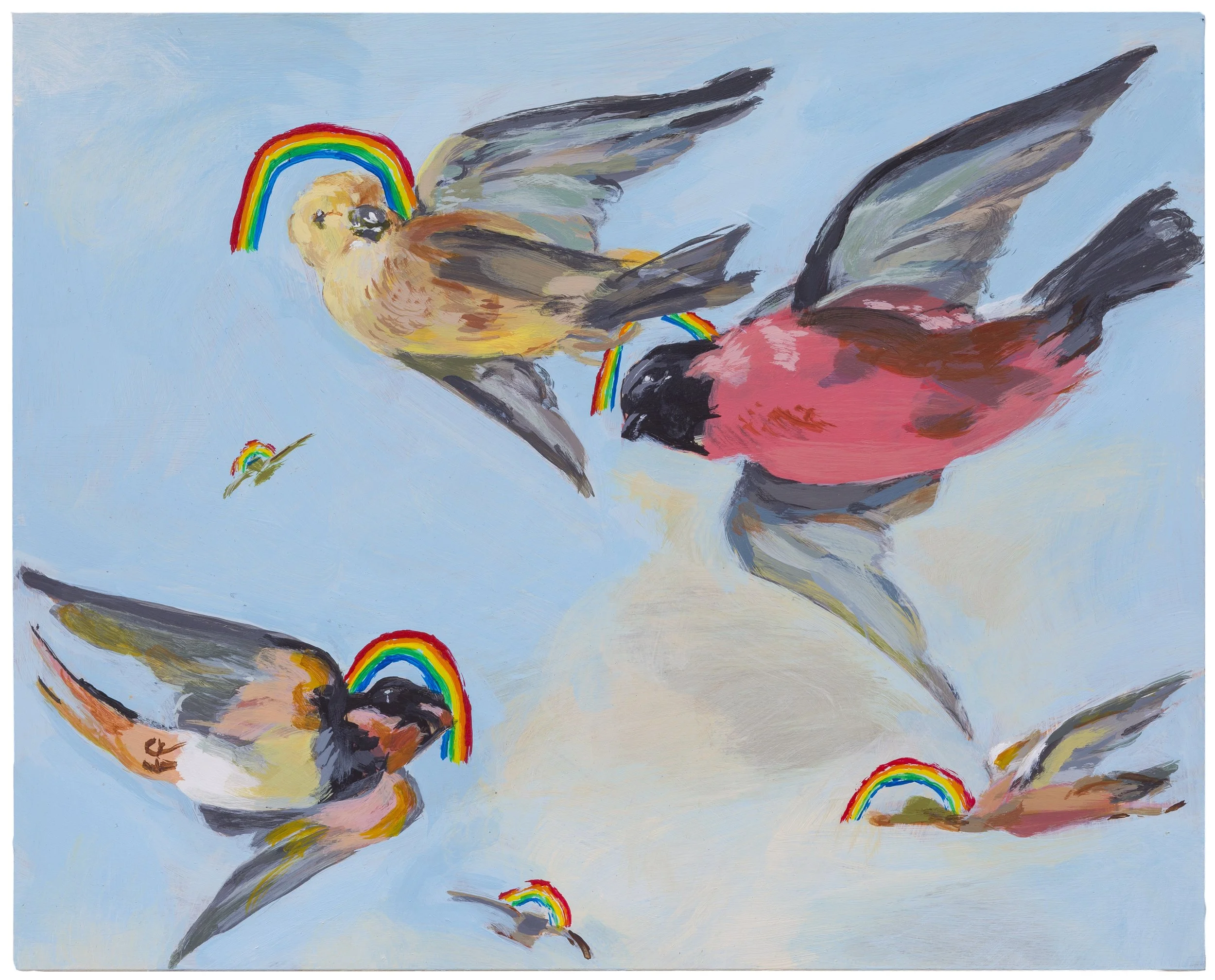 Swirling Gay Birds, 10x8”, Acrylic on Panel, 2025