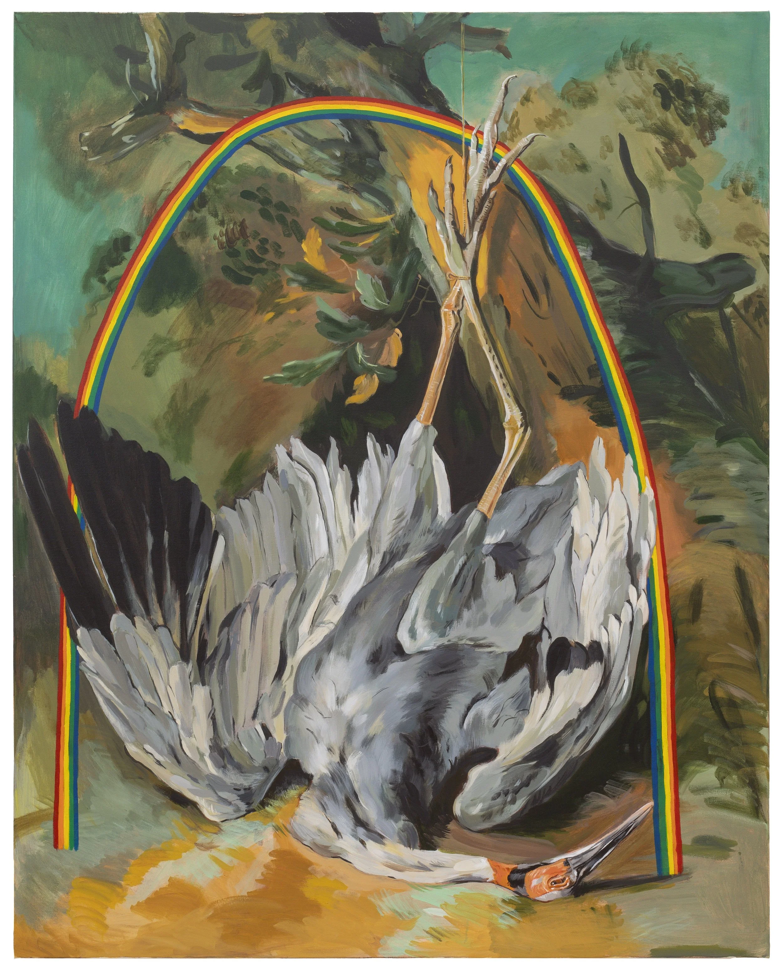 Dead Gay Crane, Acrylic on Canvas, 48x60”, 2025