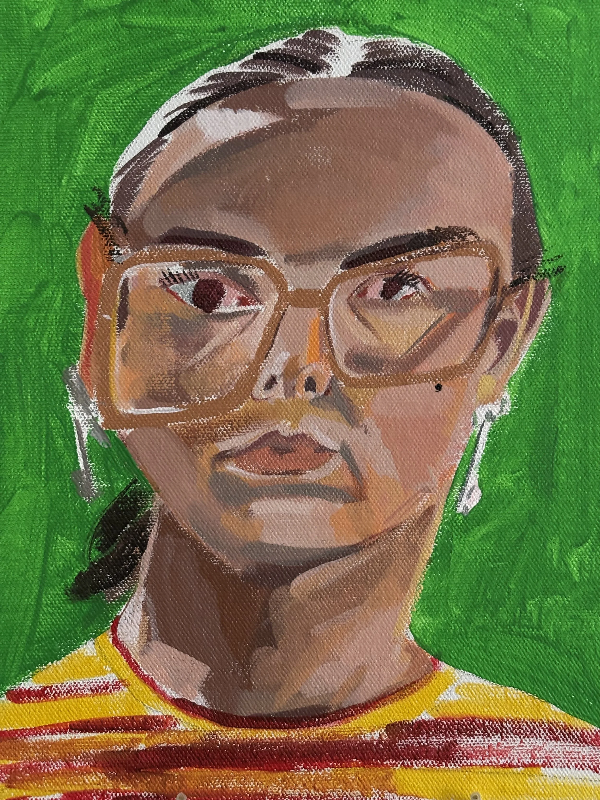 Self Portrait at 32, Acrylic on Canvas Board, 8x10”, 2025