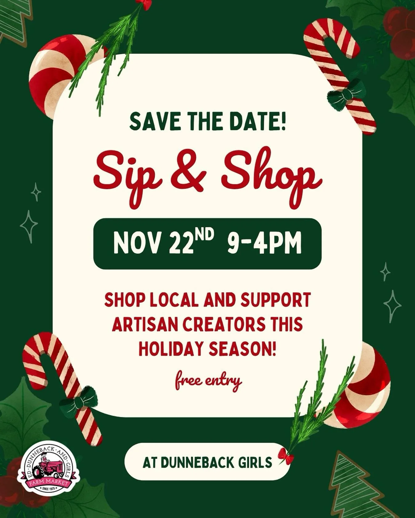 ✨ Holiday Sip &amp; Shop ✨ Join us Saturday, November 22 from 9&ndash;4pm for a cozy day of holiday shopping at the farm! 🎁

Browse local artisan vendors and makers, sip on festive drinks, enjoy delicious food specials, and soak up the holiday vibes