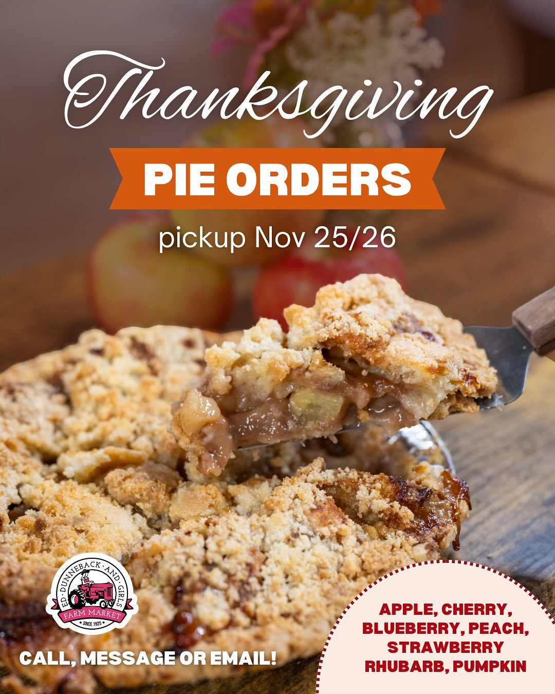 Now taking orders for Thanksgiving pies! 🥧 Call, message or email us to place your orders! All pies are made from scratch using our signature crumbly top! ☎️