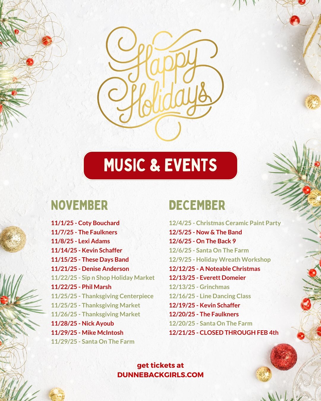 The holiday fun on the farm is just beginning! 🤩😍🍾 Swipe through to see some of our featured events!

✨Starting off this Saturday with our Sip n Shop Holiday Market! 9-4pm shop local artisan vendors in our Horse Bit Barn!

🦃 Our Thanksgiving Mark