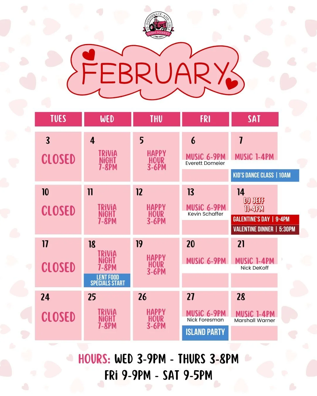 We are almost back!! 🤩🥰 we have a love-filled month for you starting Feb 4th with trivia! 

Stay tuned to purchase tickets to our Kids Dance Class and our Valentines Dinner for 2! 💌

Galentine&rsquo;s party is Saturday the 14th from 9-4pm with DJ 