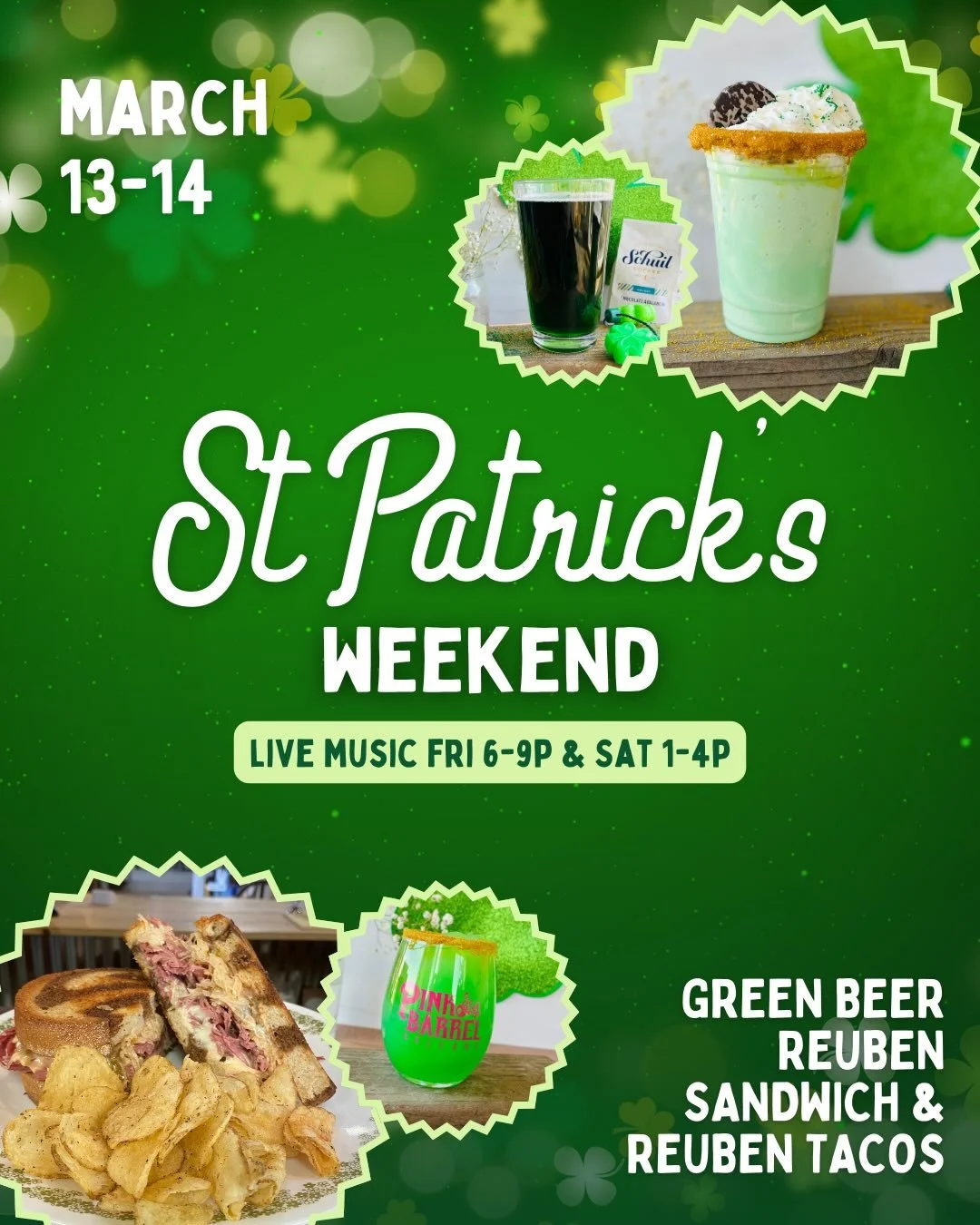 THIS WEEKEND ☘️🌈 For one weekend only you can order our Reuben Sandwich or Tacos 🌮🥩 

All month long come try our March drink specials - shamrock shake, pot of gold shakeup and our adult fuzzy leprechaun ☘️ 

Open Wednesday-Saturday 💚💛