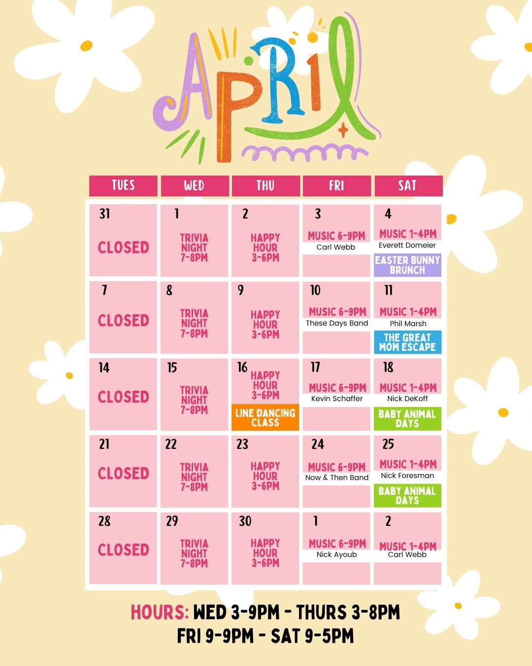 April is PACKED at the farm and you&rsquo;re not going to want to miss a single weekend 🌷🐰✨

🐣 This Saturday: Bunny Brunch is back!
An Easter brunch buffet + sweets bar with the Easter Bunny hopping around for photos and fun.

🥂 Next Saturday: Th