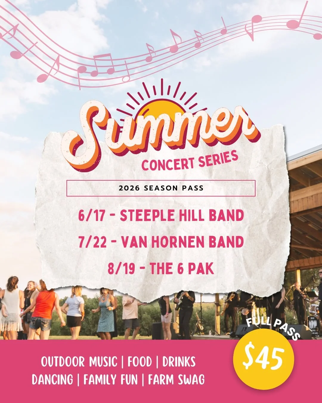 🎶🌞 Your summer plans = officially handled 🎶🌞

Grab our Summer Concert Series Season Pass and enjoy 3 unforgettable nights at the farm:

✨ June 17 &ndash; Steeple Hill Band
✨ July 22 &ndash; Van Horne Band
✨ August 19 &ndash; The 6 Pak

1 ticket. 