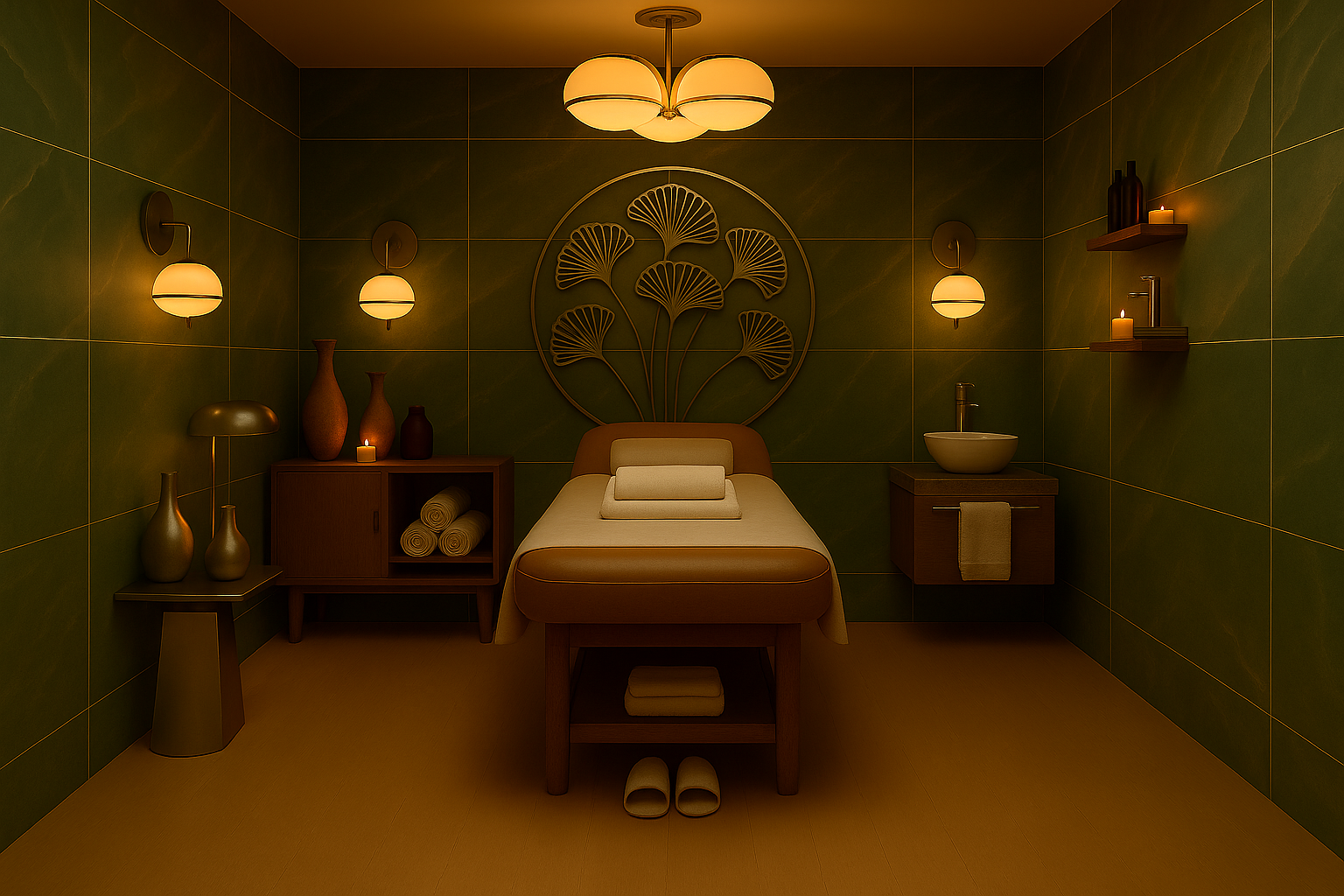 A dimly lit massage or spa room with green tiled walls, a massage bed in the center, candles, vases, and decorative elements creating a calming atmosphere.