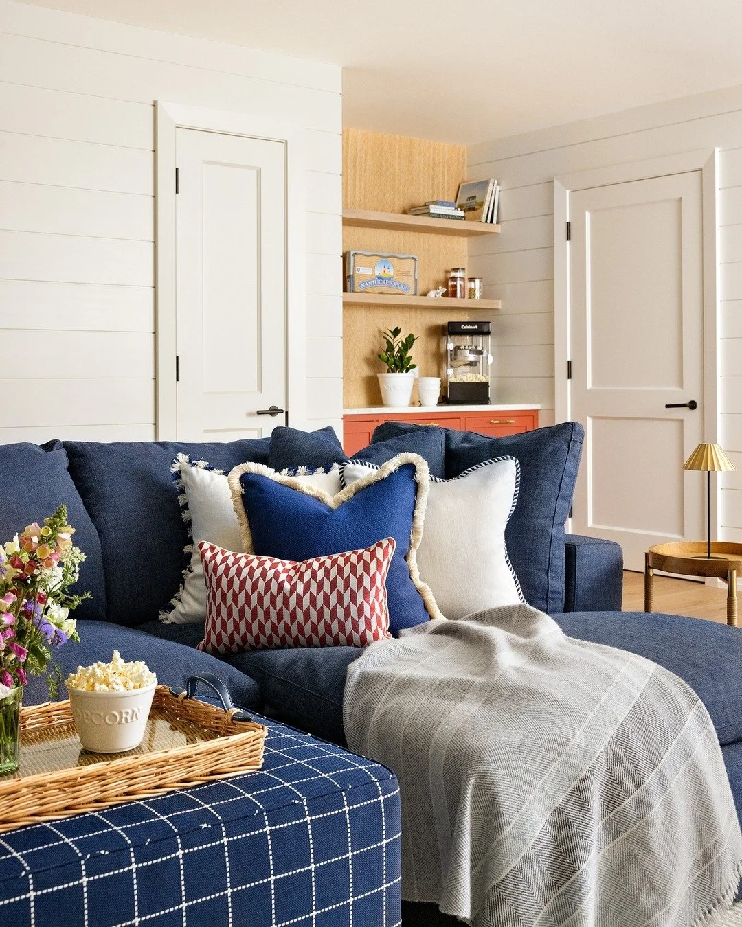 This is the super cosy movie corner in the lower ground floor of our Nantucket project. Featuring beautiful cushions made by @trystitchroom and @westcothouse alongside a custom ottoman in a beautiful @gastonydanielafabric - perfect for resting feet a