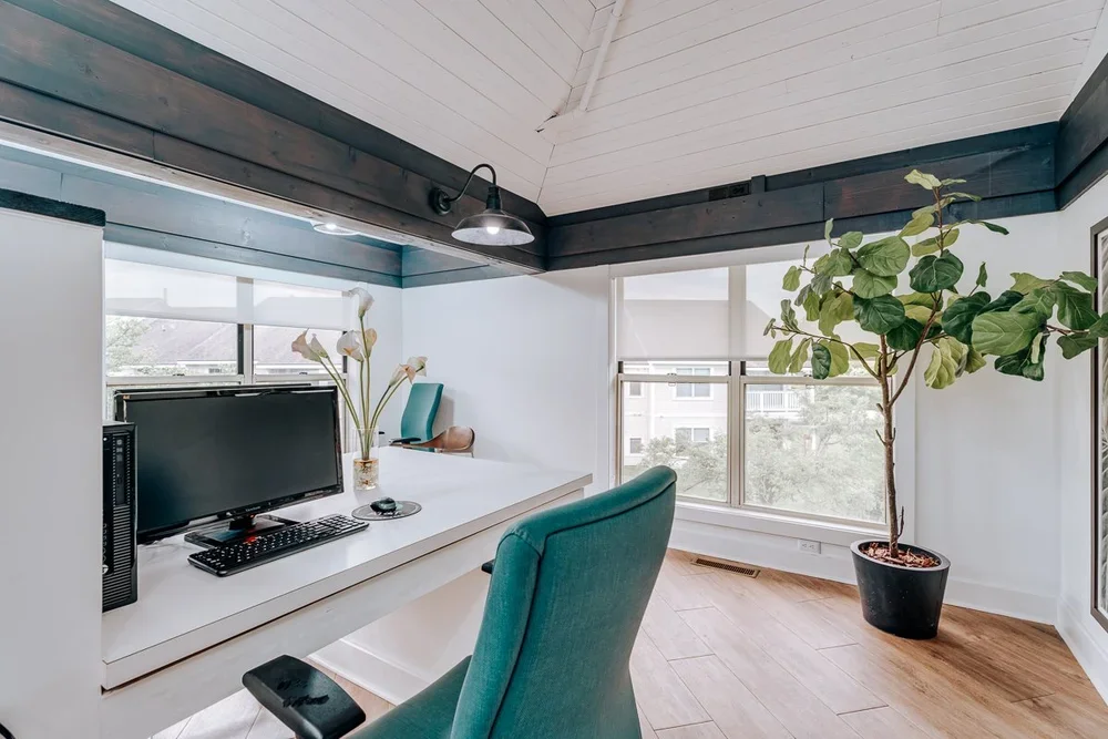 Home office with a desk, computer, and large potted plant by windows with view of trees and neighboring buildings.