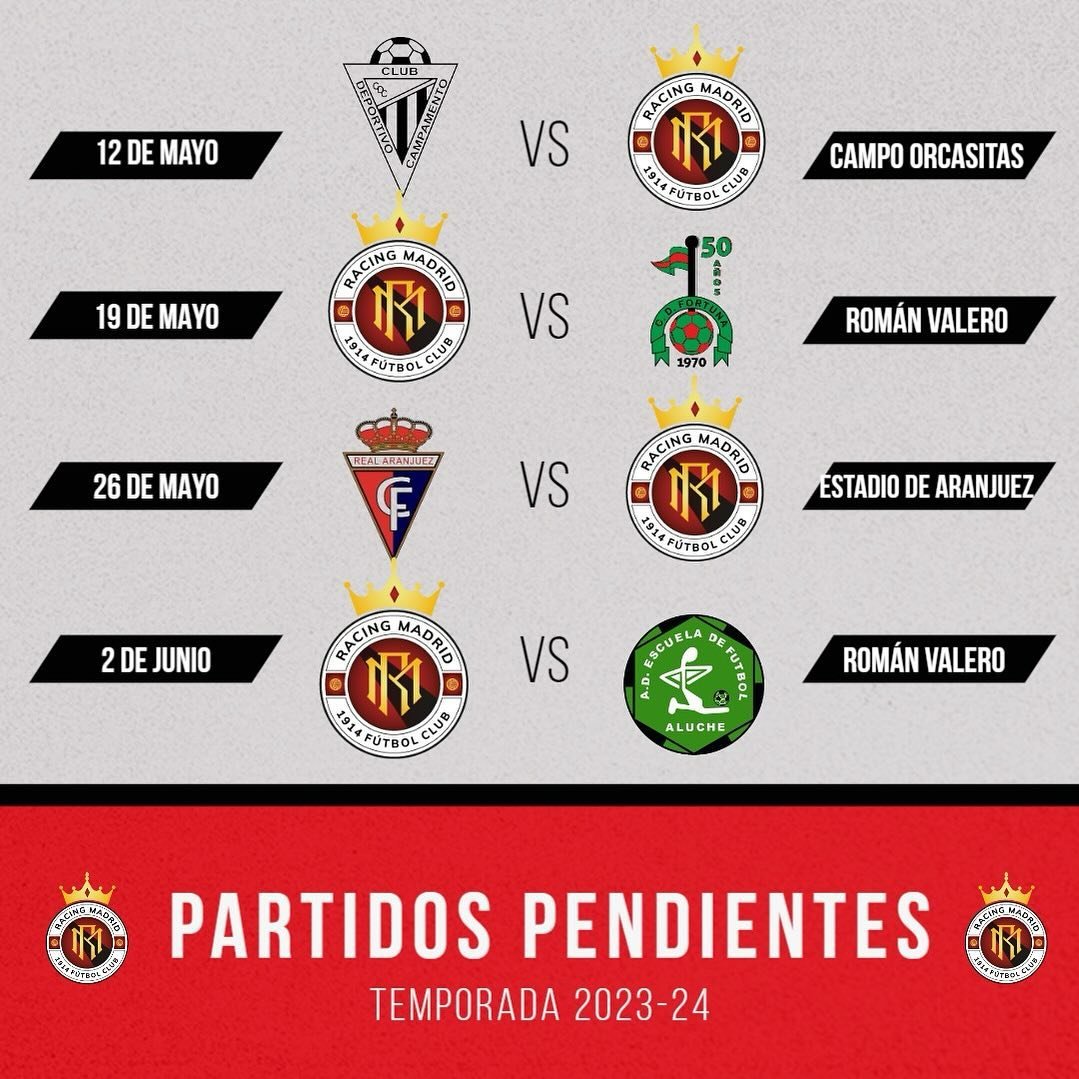 📢 &iexcl;Atenci&oacute;n, aficionados! Aqu&iacute; est&aacute;n los partidos que se quedan de nuestra temporada en la liga. 💙⚽ Marca tus calendarios y prep&aacute;rate para apoyar a Racing de Madrid en cada encuentro 💪🏆 #RacingDeMadrid #VamosRaci