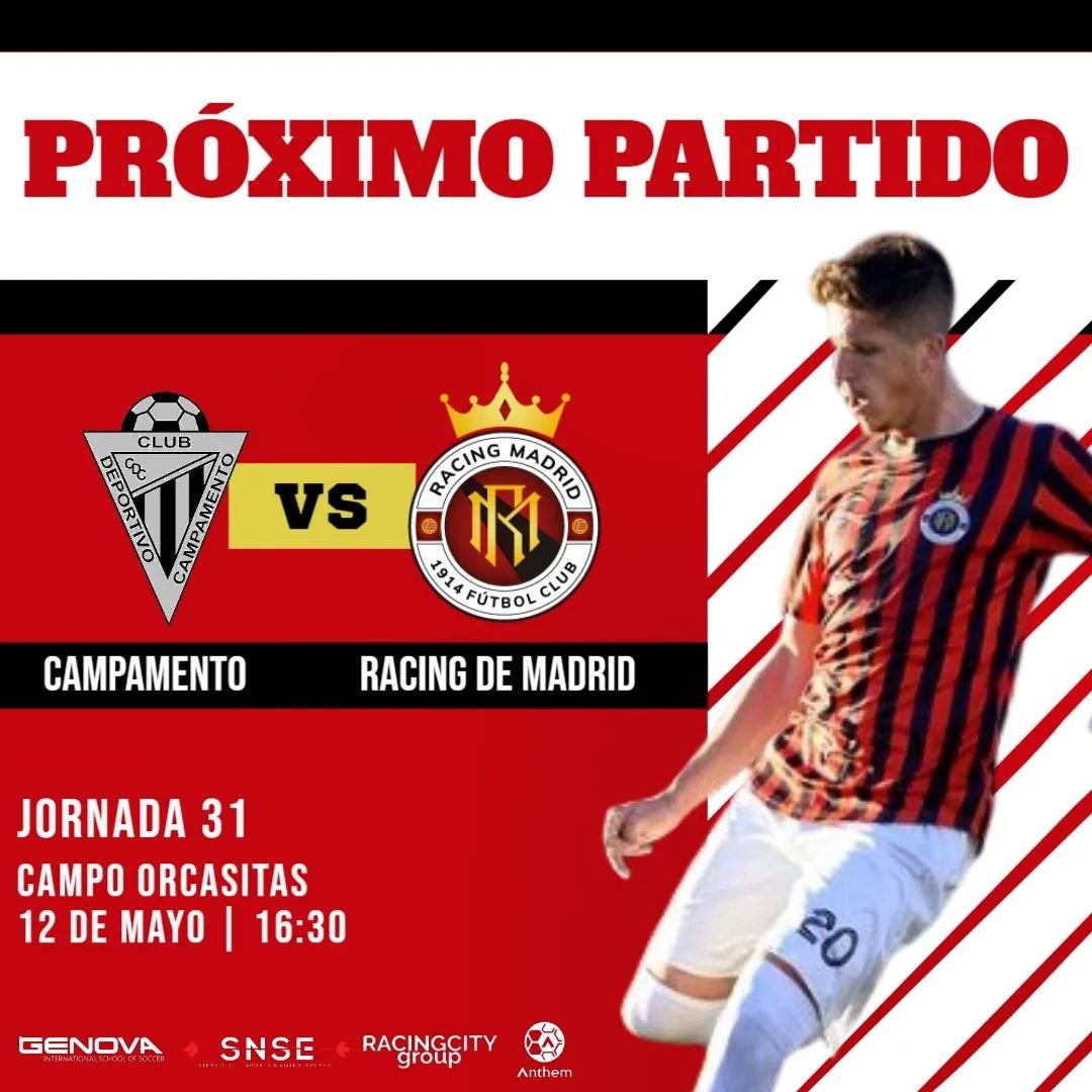 PR&Oacute;XIMO PARTIDO DE RACING DE MADRID 🔴⚫️

🆚 @c.d.campamento
🏟 CAMPO ORCASITAS
⏰ 16:30h
🗓 jornada 31

@steve_nijjar_official @conragalan @morris.pagniello @jose_miguel_benito @racingcitygroup