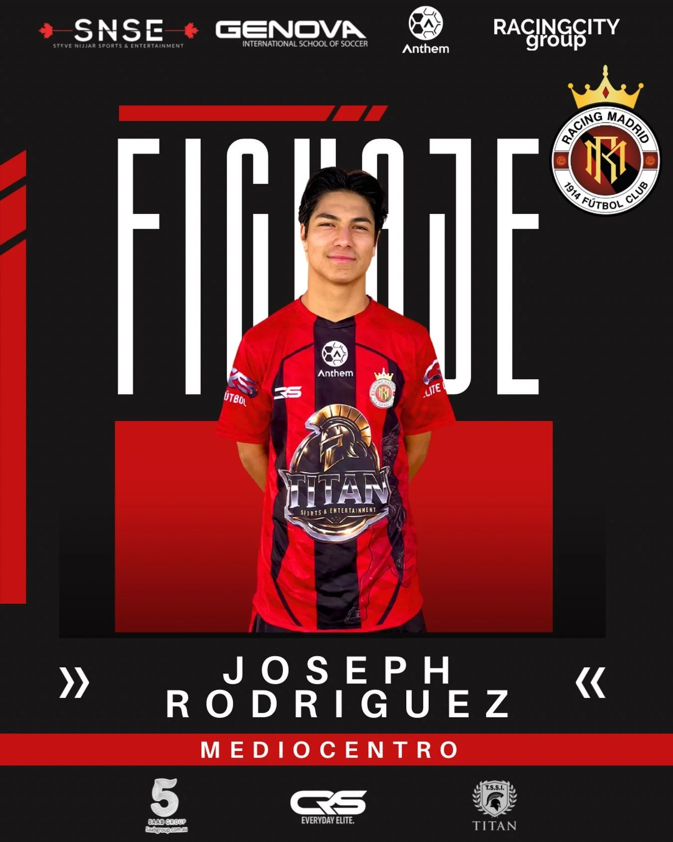 🇪🇸 Nuevo fichaje 

Joseph Rodr&iacute;guez se incorpora a Racing Madrid.

Mediocentro con experiencia en el f&uacute;tbol de Estados Unidos, Joseph llega para aportar equilibrio e intensidad a nuestro centro del campo. Destaca por su fortaleza en l